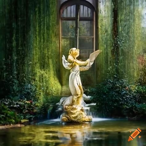 Painting Of A Gold Angel Statue Picking Flowers In A Victorian Garden