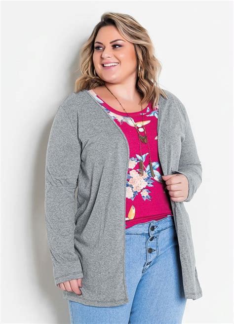 Cardigan Alongado Mescla Plus Size Marguerite