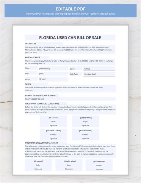 Florida Vehicle Bill Of Sale Printable