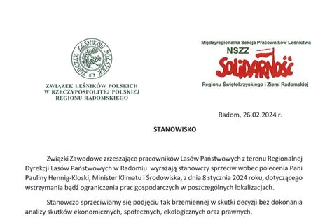 Stanowisko związków działających w RDLP Radom DREWNO PL