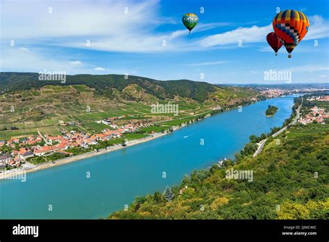 Hot Air Balloons In The Sky Over The Danube River In The Wachau Valley