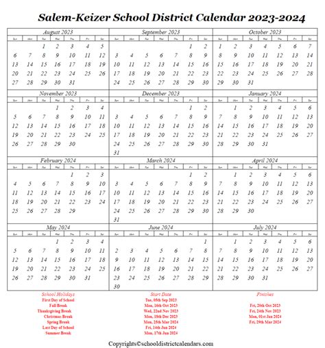 Salem Keizer School District Oregon Calendar Holidays 2023 2024 School