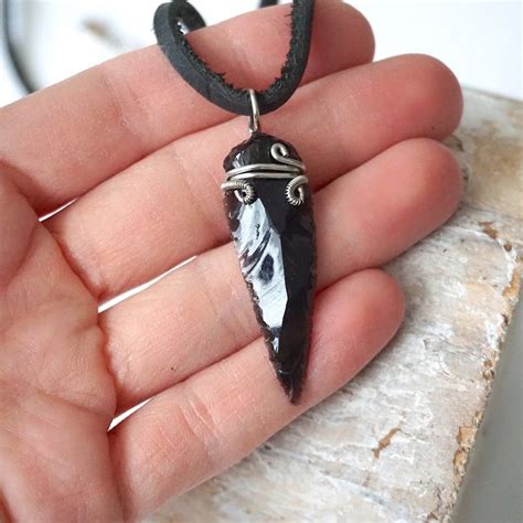 Men S Obsidian Arrowhead Pendant Necklace Dark Silver Yes White