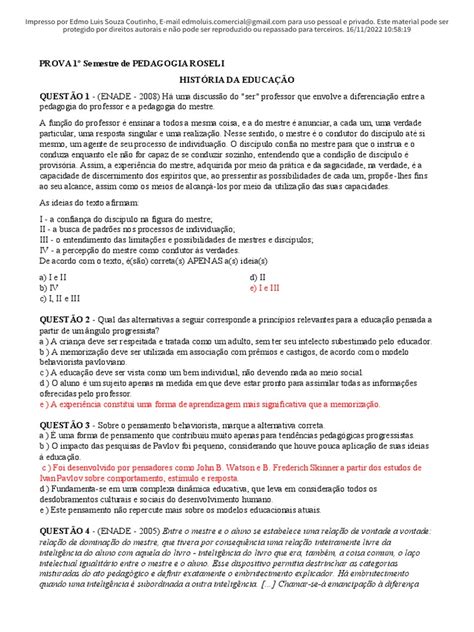 Matérias De Pedagogia 1 Semestre - PROVA 1º Semestre de PEDAGOGIA - Unifacvest - Passei Direto | PDF ...