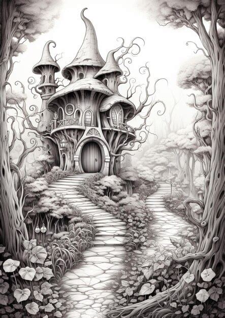 Premium AI Image | a drawing of a fairy house in a forest with a path ...