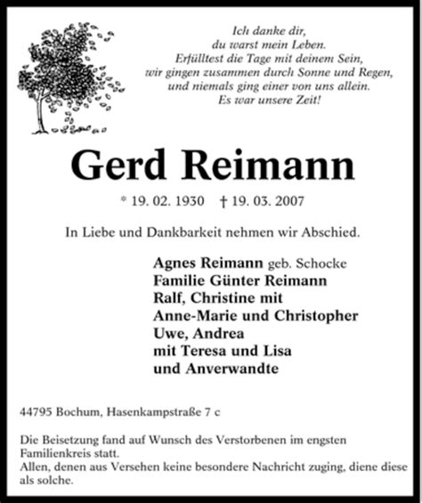 Traueranzeigen Von Gerd Reimann Trauer In NRW De