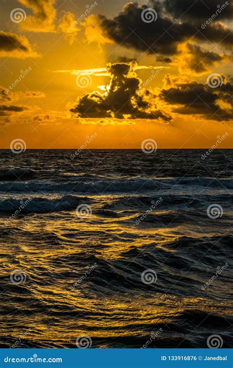 Orange Sunset With Reflection Over Atlantic Ocean Miami Florida Usa