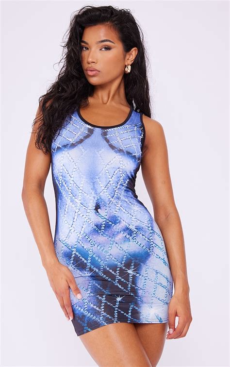 Blue Body Print Slinky Strappy Bodycon Dress Prettylittlething Usa