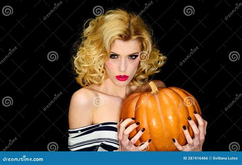 Happy Halloween Weekends Beautiful Woman With Halloween Pumpkin