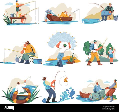 Fisherman Character Leisure Fishermen On Lake Shore Cartoon Fisher