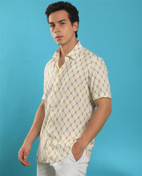 Rare Rabbit Mens Braga White Shirt Viscose Fabric Short Sleeves Print