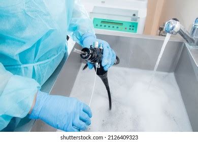 Endoscope Cleaning Sterilization After Performing Endoscopy Stock Photo