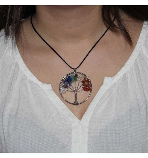 Collier Pendentif Rond Arbre De Vie Harmonie 7 Chakra Pierre Naturelle