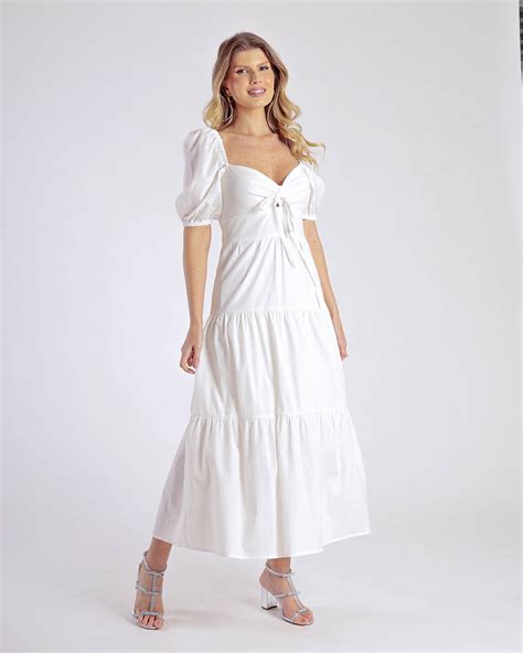 Vestido Midi Evas Manga Bufante Decote Princesa Branco