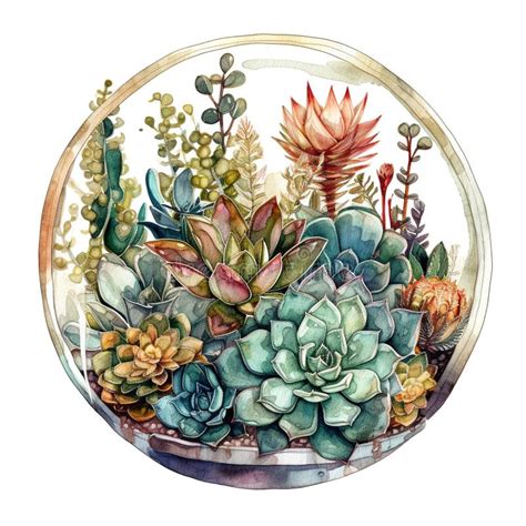 Succulent And Cactus Arrangement In Glass Vase Clip Art On White