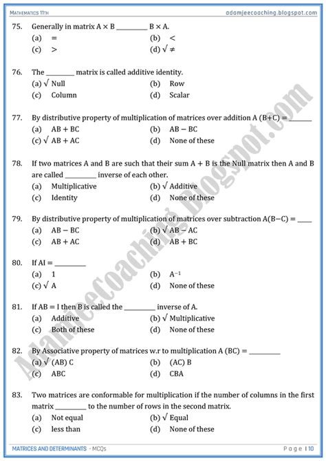 Matrices And Determinants Mcqs Mathematics Th Artofit