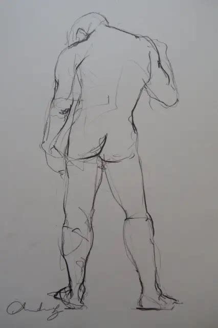 Original Pencil Drawing Sketch Of A Male Nude Model In A Standing Pose