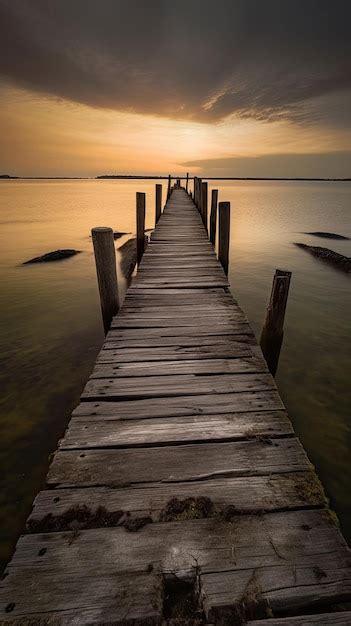 Premium AI Image | A wooden pier with a sunset in the background