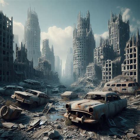 An Imaginary Destroyed City Crumbling Buildings Abandoned Cars