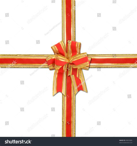 Christmas T With Decorative Red And Gold Ribbon Bow Stock Photo