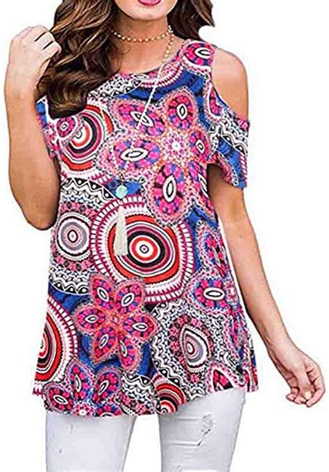 Anduuni Womens Floral Print Cold Shoulder Swing Tunic Tops Casual Loose