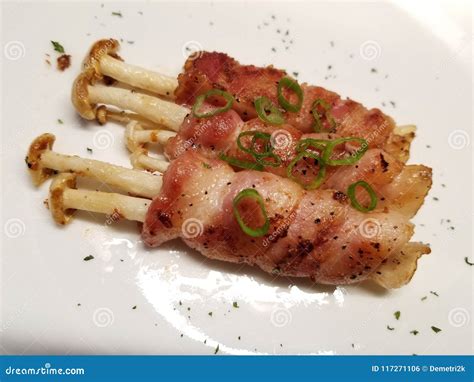 Bacon Wrapped Enoki Mushrooms With Herbs Stock Photo Image Of Herbs