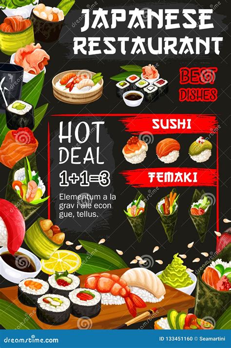 Japanese Restaurant Poster With Seafood Raw Dishes Stock Vector