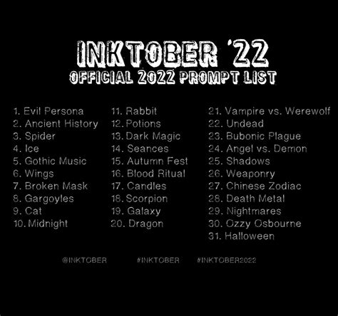 Inktober 22 Prompt List By Ninjashadow X On Deviantart
