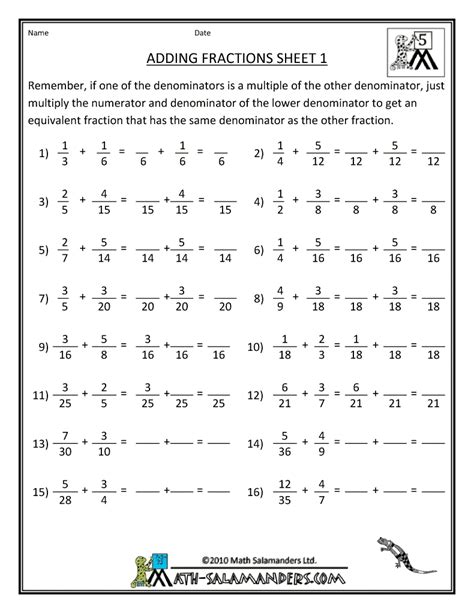 Finding A Common Denominator Worksheet