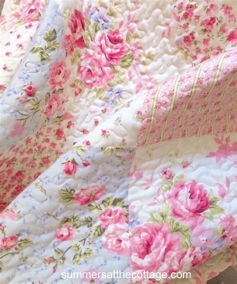 SHABBY PINK ROSES COTTAGE BLUE PATCHWORK CHIC QUILT SET