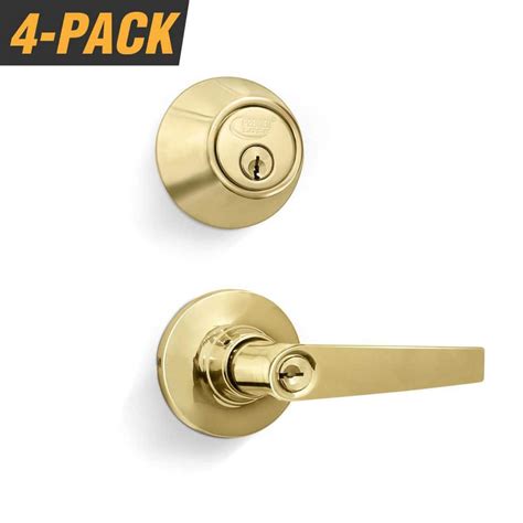 Premier Lock Polished Brass Entry Lock Set Door Lever Handle And Deadbolt Keyed Alike Kw1 Keyway