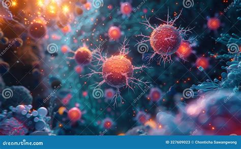 Microscopic View Of Cancer Cells Dividing And Multiplying With A Glow