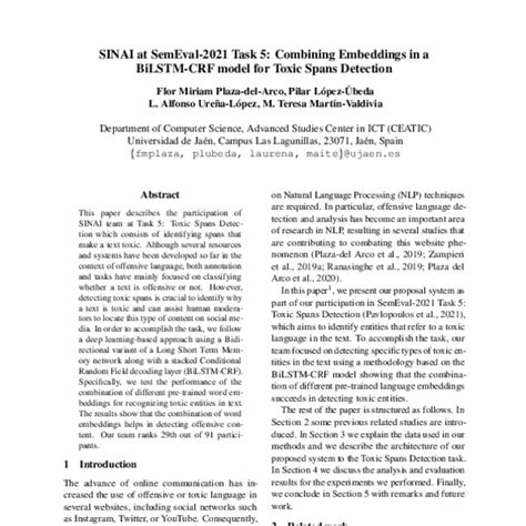 SINAI At SemEval 2021 Task 5 Combining Embeddings In A BiLSTM CRF