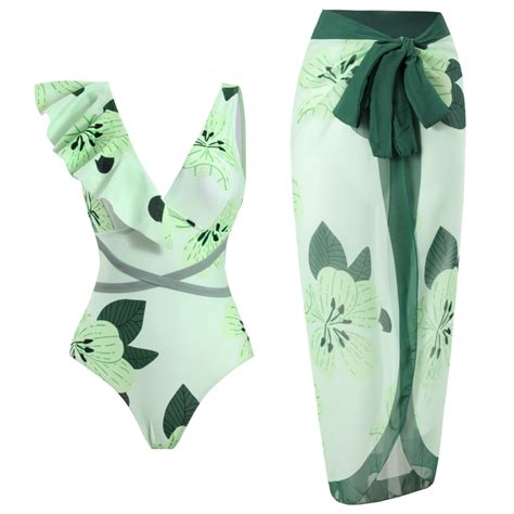 Ibtom Castle Womens V Neck Pieces Swimsuit With Beach Cover Up Sarong Bikini Skirt Set Bathing