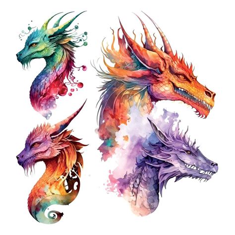 Colorful dragon set with wings isolated on white background. Watercolor ...