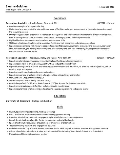 Recreation Specialist Resume Samples Velvet Jobs