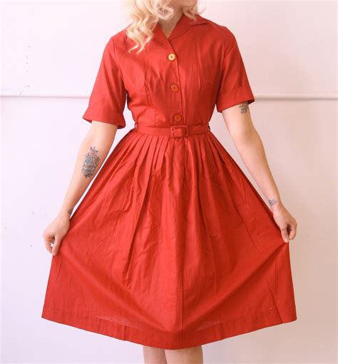 S Vintage Red Classic Shirtwaist Dress Small