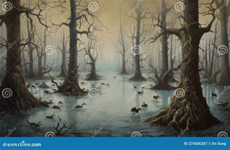 Painting Of A Surreal And Eerie Flooded Forest Stock Illustration