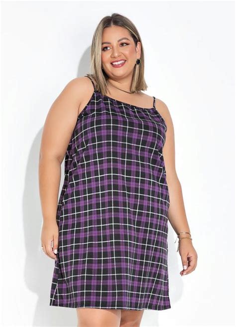 Vestido Xadrez Roxo De Alças Plus Size Marguerite