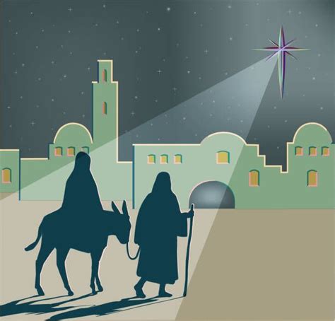 A Vector Illustration Of Mary On A Donkey Led By Joseph On Their