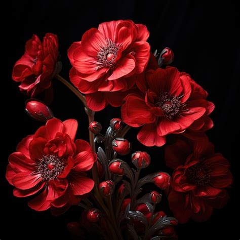 Premium AI Image | Crimson Blooms Emerged from the Darkness Red Flowers on Black Canvas