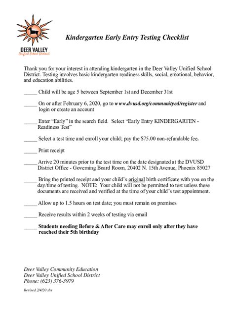 Fillable Online 2020 Kinder Early Entry Checklist Pub Deer Valley