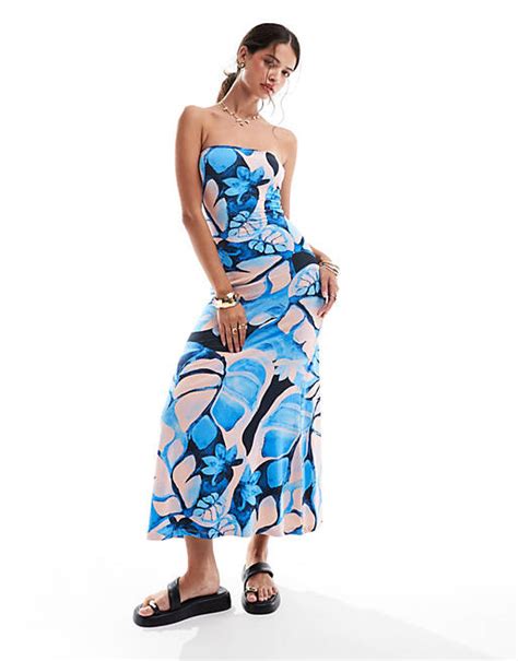 Asos Design Trapeze Bandeau Midi Dress In Blue Floral Print Asos