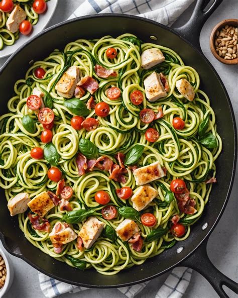 One Pan Creamy Chicken And Bacon Zucchini Noodles With Savory Spice