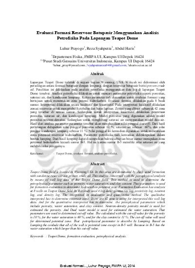 Evaluasi Formasi Reservoar Batupasir Menggunakan Analisis Petrofisika