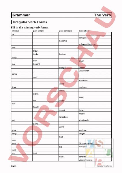 Arbeitsblatt Irregular Past Forms Englisch Grammatik