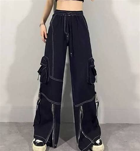 Gothic High Waist Baggy Cargo Pants Female Loose Fit Wide Leg