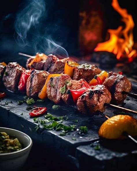 Premium Ai Image Grilled Meat Skewers Shish Kebab With Vegetables On