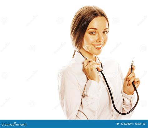 Young Pretty Woman Doctor With Stethoscope On White Background Stock