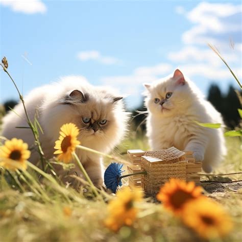 Dos Gatos En Un Campo De Flores Uno De Los Cuales Tiene Una Cinta Azul